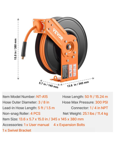 Carrete de Manguera de Aire Retráctil VEVOR 3/8" x 15m 300PSI