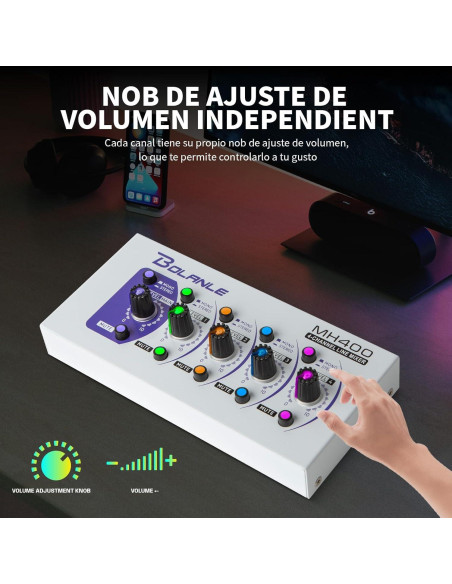 Mini Mezclador de Audio Bolanle MH400, 4 Canales, Bajo Ruido