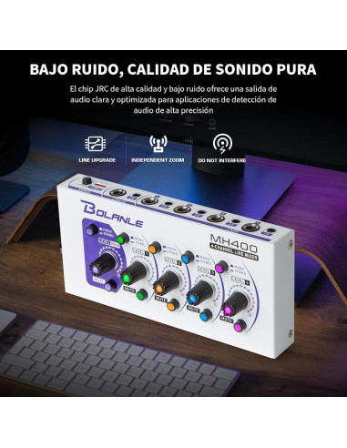 Mini Mezclador de Audio Bolanle MH400, 4 Canales, Bajo Ruido