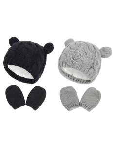 Conjunto Gorro y Guantes Bebé Suaves 0-18 Meses - Negro y Gris