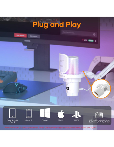 Micrófono USB COMICA Uni A-Cableado para PC y Gaming - Blanco