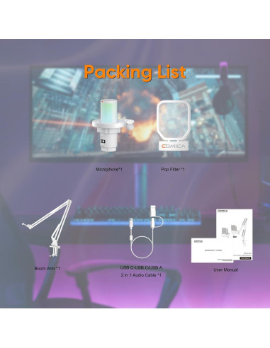 Micrófono USB COMICA Uni A-Cableado para PC y Gaming - Blanco
