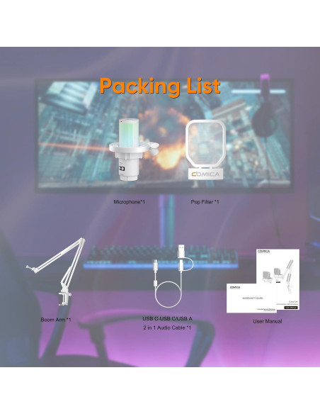 Micrófono USB COMICA Uni A-Cableado para PC y Gaming - Blanco