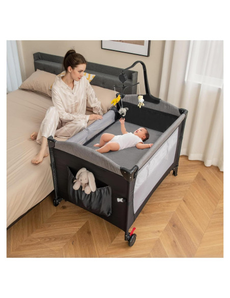 Cuna Lateral Honey Joy 6 en 1 Pack and Play para Bebés Negro
