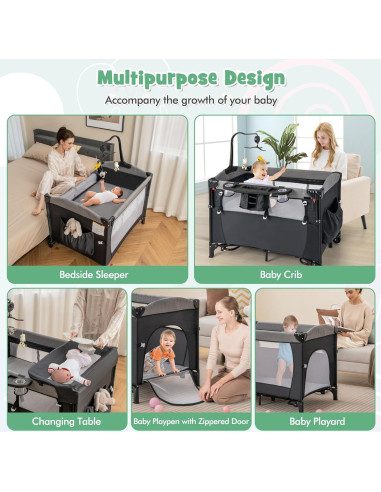 Cuna Lateral Honey Joy 6 en 1 Pack and Play para Bebés Negro