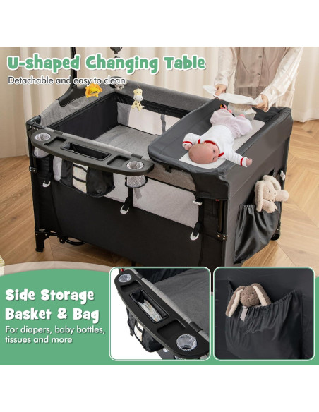 Cuna Lateral Honey Joy 6 en 1 Pack and Play para Bebés Negro