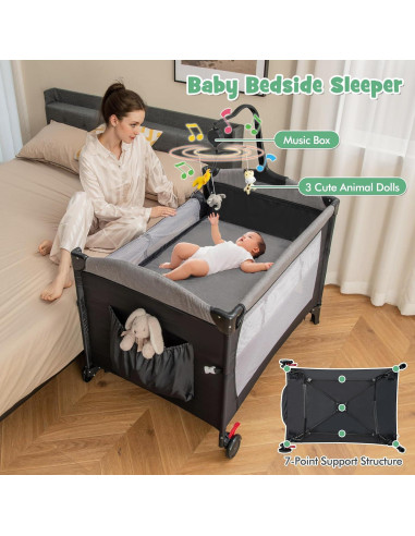 Cuna Lateral Honey Joy 6 en 1 Pack and Play para Bebés Negro