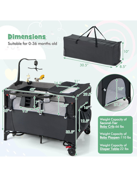 Cuna Lateral Honey Joy 6 en 1 Pack and Play para Bebés Negro