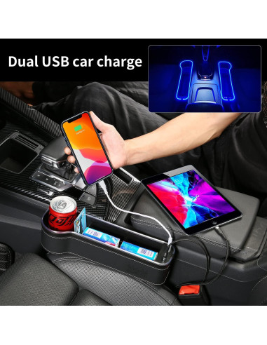 Organizador de Espacio entre Asientos de Coche Keketuohai con Cargador Rápido USB y Luz LED 7 Colores