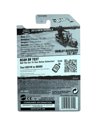 Hot Wheels Harley Davidson Fat Boy 2012 Escala 1:64 Amarillo