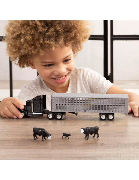 Camión Semi ERTL 1/64 Negro con Remolque y Ganado