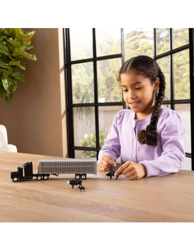 Camión Semi ERTL 1/64 Negro con Remolque y Ganado
