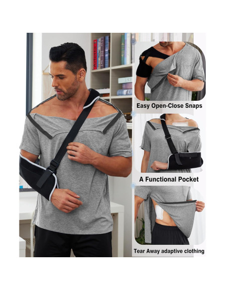 Camisa post cirugía de hombro Deyeek para hombres - Manga corta, botones a presión, hipoalergénica