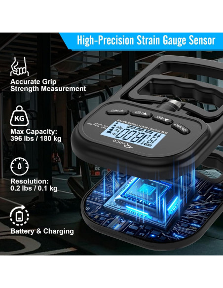 Probador de Fuerza de Agarre Digital Ryaco 396lbs con Entrenador