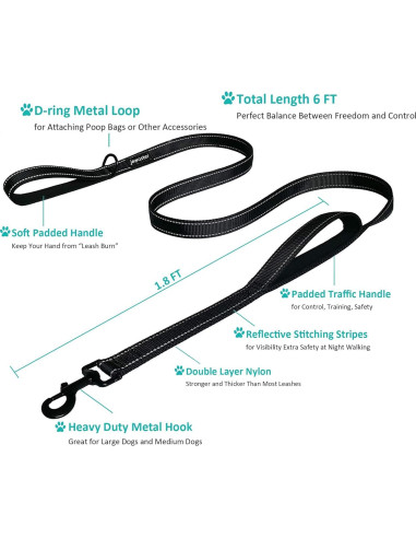 Correa para Perros JEWOSTER 1.83m Alta Resistencia con 2 Mangos