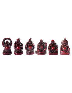 Conjunto de 6 Estatuas de Buda Risueño de Resina Rojo Oscuro
