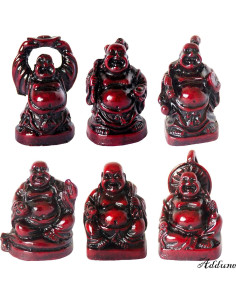 Conjunto de 6 Estatuas de Buda Risueño de Resina Rojo Oscuro 2