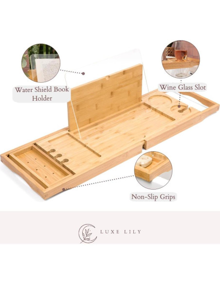 Bandeja de Bañera Extensible Luxe Lily con Soporte para Libro y Vino