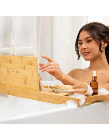 Bandeja de Bañera Extensible Luxe Lily con Soporte para Libro y Vino