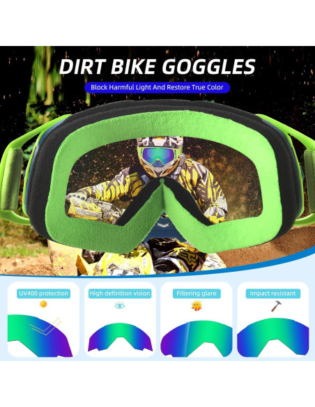 Gafas de Motocross UV Protección - Marco Verde Lente Azul