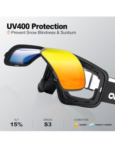 Gafas de Esquí Odoland Flip Up Antivaho UV400 para OTG