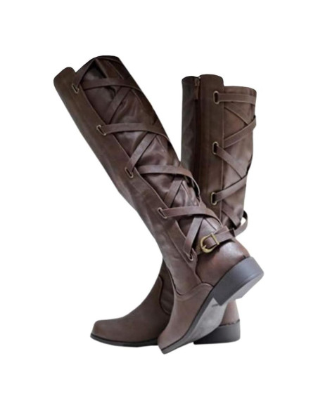 Botas Altas de Moto Strappy Syktkmx para Mujeres - Marrón Oscuro