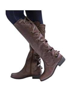 Botas Altas de Moto Strappy Syktkmx para Mujeres - Marrón Oscuro 2