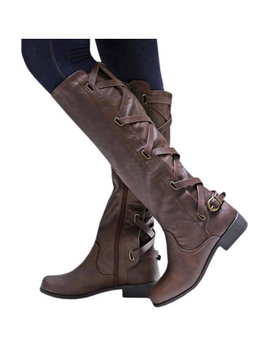 Botas Altas de Moto Strappy Syktkmx para Mujeres - Marrón Oscuro