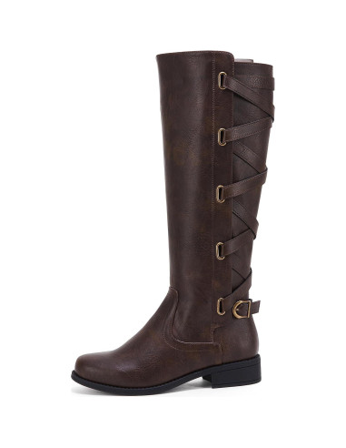 Botas Altas de Moto Strappy Syktkmx para Mujeres - Marrón Oscuro