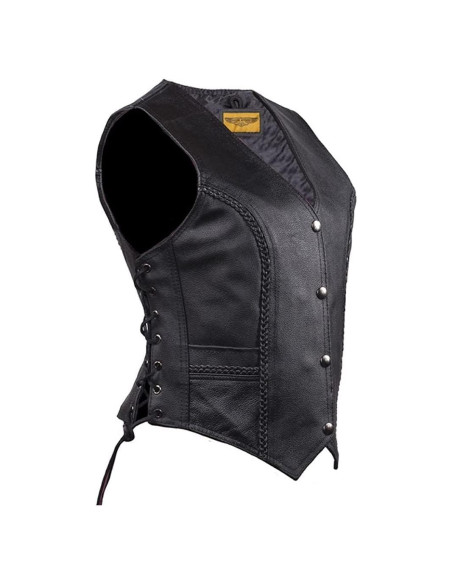 Chaleco de motocicleta de cuero negro mujer XX-Large con trenzado
