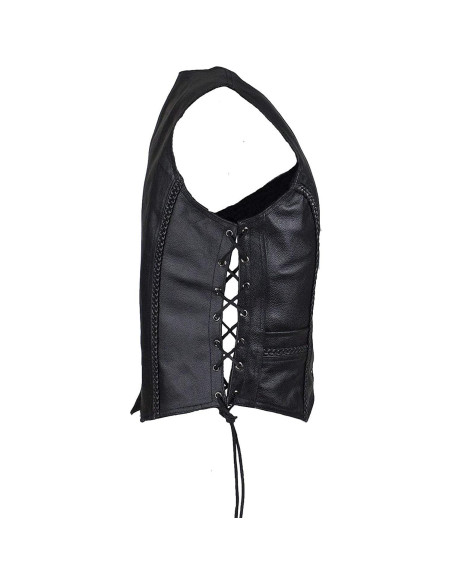 Chaleco de motocicleta de cuero negro mujer XX-Large con trenzado