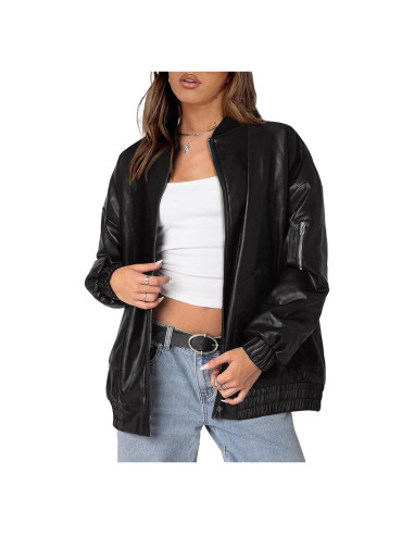Chaqueta de Cuero Sintético XIEERDUO Mujer Oversized Negra