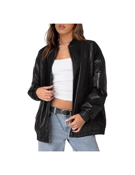 Chaqueta de Cuero Sintético XIEERDUO Mujer Oversized Negra