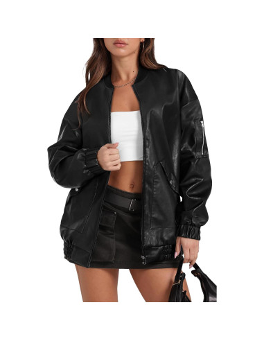 Chaqueta de Cuero Sintético XIEERDUO Mujer Oversized Negra
