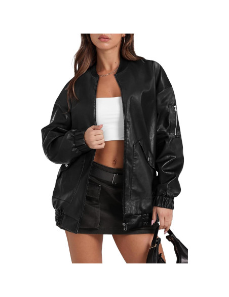 Chaqueta de Cuero Sintético XIEERDUO Mujer Oversized Negra