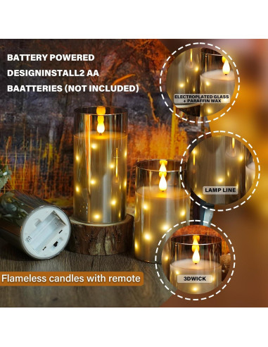 Candelas LED sin llama Thorbling, 3 piezas gris, temporizador