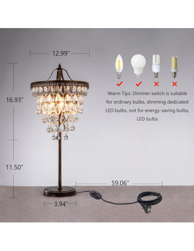 Lámpara de Mesa de Cristal Tochic 3 Luces Regulable 72 cm
