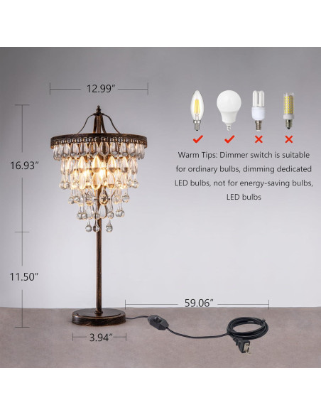 Lámpara de Mesa de Cristal Tochic 3 Luces Regulable 72 cm