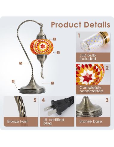 Lámpara de Mesa Yarra-Decor Turca de Mosaico 19cm LED Rojo