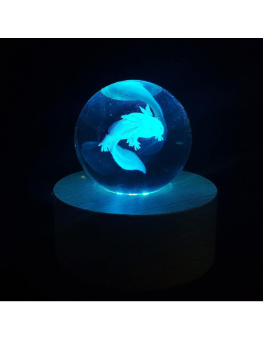 Luz Nocturna 3D Axolote MARZIUS, Bola de Cristal 60mm, 16 Colores