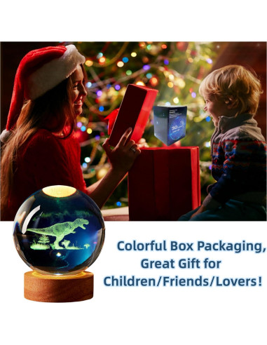 Lámpara de Bola de Cristal 3D Dinosaurio K9 8cm USB Control Remoto