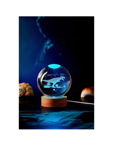 Lámpara de Bola de Cristal 3D Dinosaurio K9 8cm USB Control Remoto