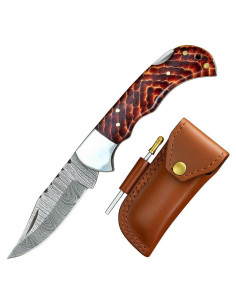 Cuchillo Plegable de Damasco Genérico 16.5 cm con Funda de Cuero