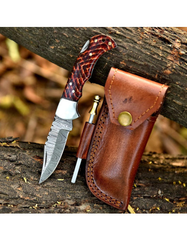 Cuchillo Plegable de Damasco Genérico 16.5 cm con Funda de Cuero