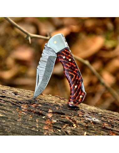 Cuchillo Plegable de Damasco Genérico 16.5 cm con Funda de Cuero