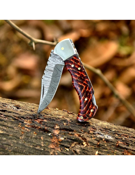 Cuchillo Plegable de Damasco Genérico 16.5 cm con Funda de Cuero