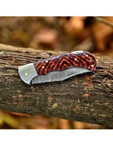 Cuchillo Plegable de Damasco Genérico 16.5 cm con Funda de Cuero