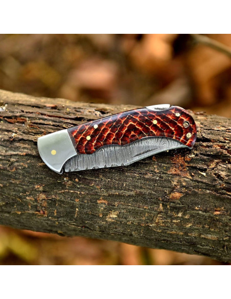 Cuchillo Plegable de Damasco Genérico 16.5 cm con Funda de Cuero