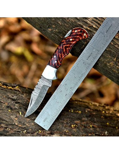 Cuchillo Plegable de Damasco Genérico 16.5 cm con Funda de Cuero