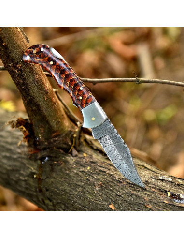 Cuchillo Plegable de Damasco Genérico 16.5 cm con Funda de Cuero